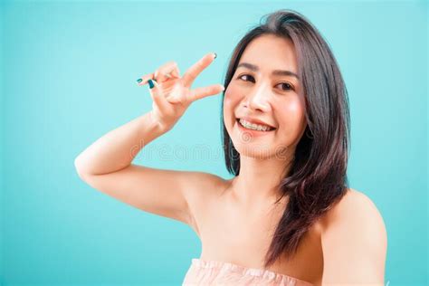 Smiling Face Asian Beautiful Woman Her Selfie Photo Showing Two Finger