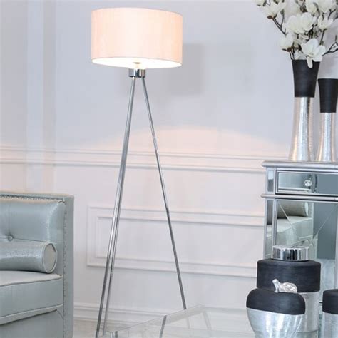 Large Chrome Tripod Floor Lamp With White Cotton Shade White Lamp