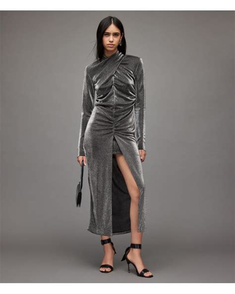 Allsaints Synthetic Ayla Metallic Dress In Silver Gray Lyst