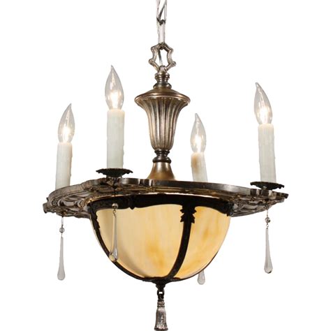Exquisite Antique Five Light Chandelier With Original Shade Silver