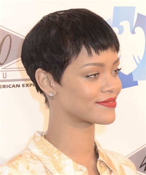 Rihanna Casual Dark Brunette Pixie Haircut With Layered Bangs