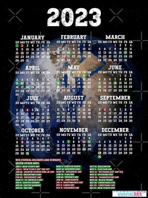 Lámina Fotográfica Calendario De Estados Unidos 2023 Con DÍas Festivos