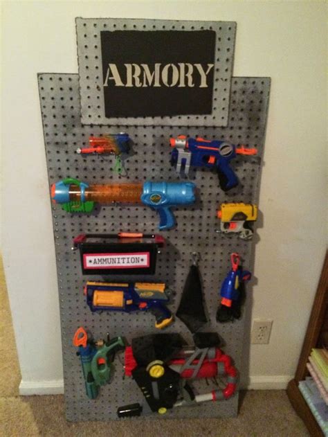 Right now there are a couple series of nerf guns available from hasbro. spy party armory on pegboard. also good for a toy room ...