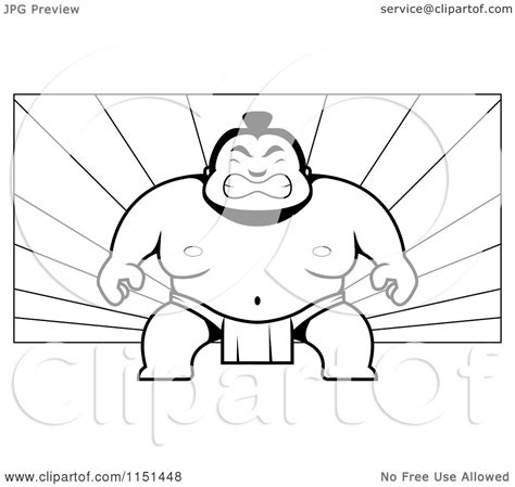 Cartoon Clipart Of A Black And White Tough Sumo Wrestler On A Ray