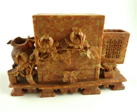 Vintage Chinese Soapstone Cigarette Dispenser Hand Carved From