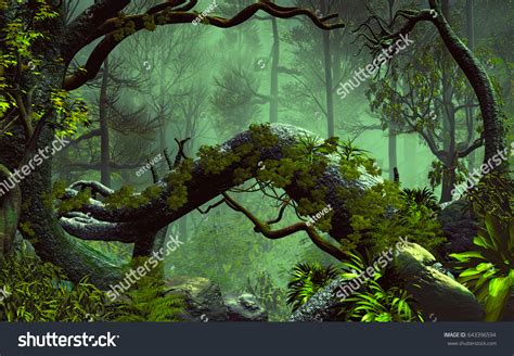 Ilustrasi Stok 3d Ilustrasi Lanskap Hutan Dengan Suasana 643396594