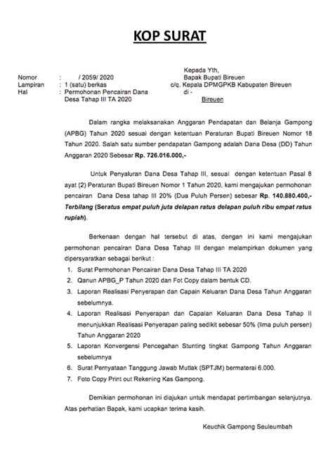 Demikian surat permohonan dana untuk rangkaian acara ini kami sampaikan. Contoh Surat Permohonan Pencairan Dana Desa Tahap III TA 2020 - MEDIA DESA