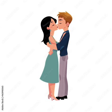 Young Couple Kissing Romantically Hugging Each Other Cartoon Vector