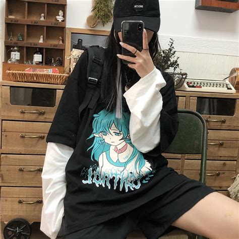Itgirl Shop White Black Anime Girl Japanese Print Loose Shirt