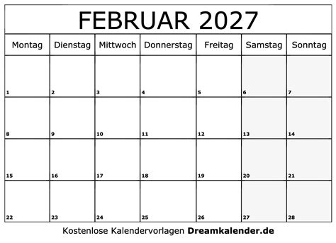 Kalender Februar 2027