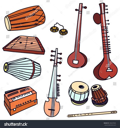 Isolated Traditional Indian Instruments Vector Set Stock Vector