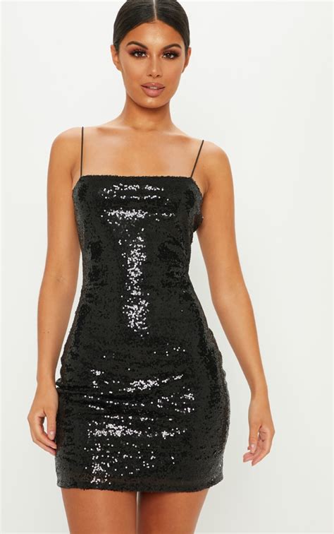 Black Sequin Scoop Back Midi Dress Dresses Prettylittlething Usa