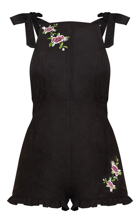 Black Embroidered Tie Dungaree Playsuit Playsuits Prettylittlething
