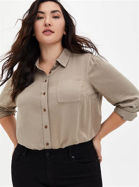 Plus Size Washed Taupe Rayon Button Front Blouse Torrid