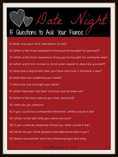 Start the date off strong with these 19 best questions for a first date. Date Night- 15 Questions to Ask Your Fiance | A new life ...