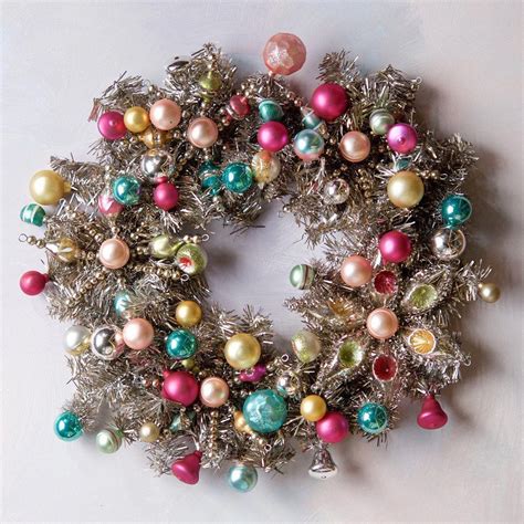 Vintage Silver Tinsel Wreath With Antiqued Glass Ornaments