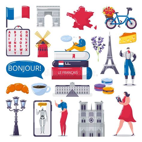 Learn French Foreign Language Vector Illustrations Set For Language Babe Stock Vector