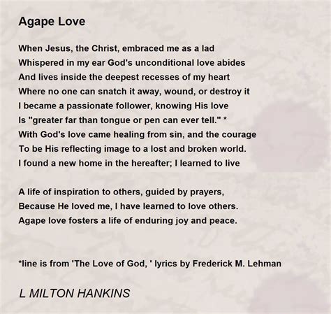 Agape Love By L Milton Hankins Agape Love Poem