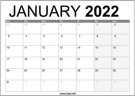 January 2022 Calendar With Holidays Printable January 2022 Calendar