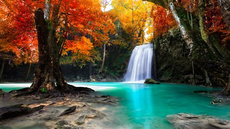 Waterfall In Kanjanaburi Thailand Landscapes Wallpaper Autumn Trees Red