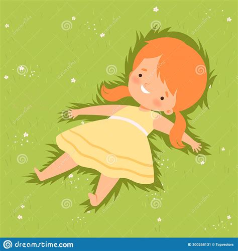 Cute Girl Lying Down On Green Lawn Lovely Kid Lying On Grass Dreamily