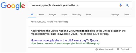 In this edition of facts for features, unmarried people. SearchReSearch: Answer: How many people die each year in ...