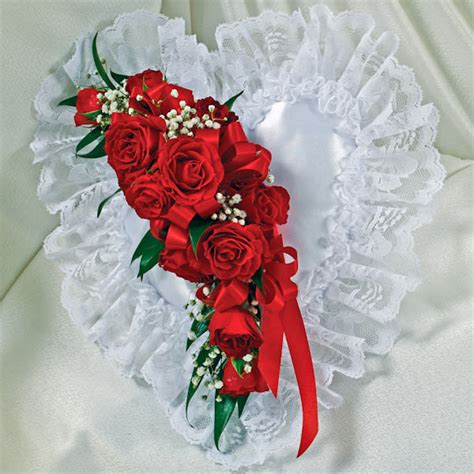 Red And White Satin Heart Casket Pillow Casket Flowers