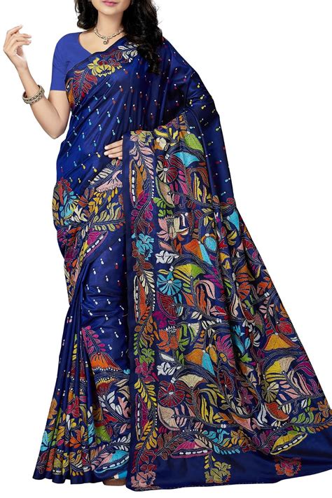 Royal Blue And Multi Colored Floral Nakshi Kantha Soft Silk Saree Soft