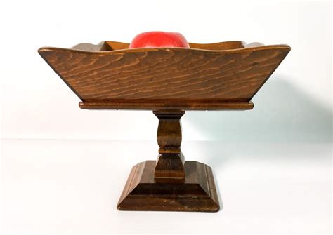 Vintage Wooden Compote Square Fruit Bowl Tall Centerpiece Country
