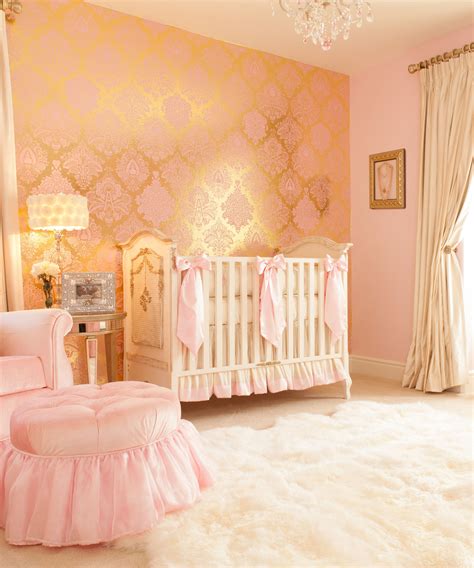 Pink And Gold Damask Wallpaper For A Luxurious Nursery Little Crown