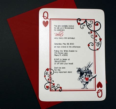Here are a few colorful ways to apply a little alice in wonderland love to your wedding an outdoor garden reception tea cups are a must. Alice in Wonderland Invitation Queen of Hearts Invite ...