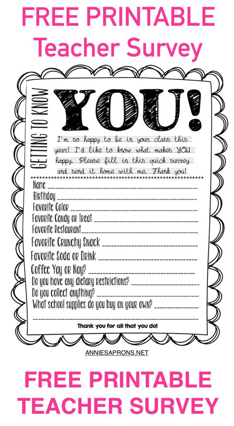 Free Teacher Survey Printable This Is Great To Give Your Childs