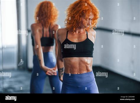 Sporty Redhead Girl Have Fitness Day In Gym At Daytime Muscular Body