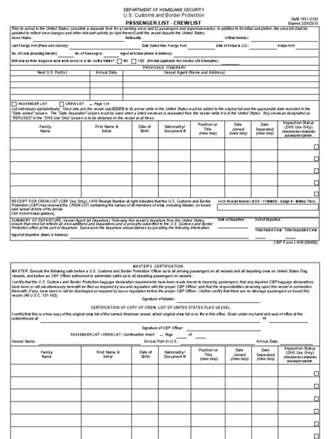 Us Customs Form Cbp Form I 418 Passenger List Crew