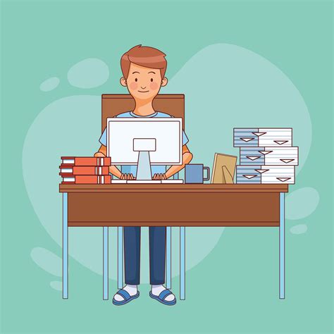Man Sitting At Desk Working From Home 1255742 Vector Art At Vecteezy