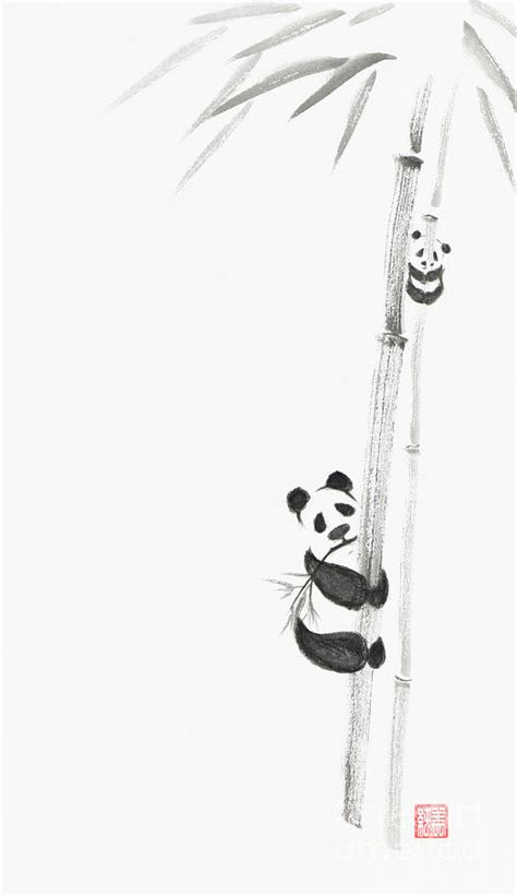 Cute Pandas Climbing Bamboo Trees Japanese Zen Sumi E Painting O