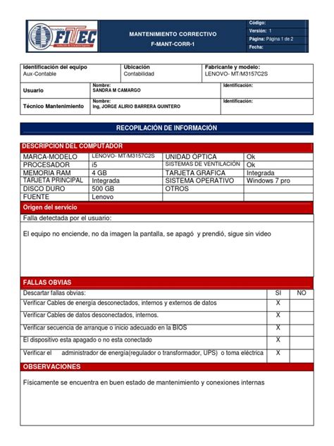 Formato De Mantenimiento Correctivo Ejemplopdf Bios Electrónica