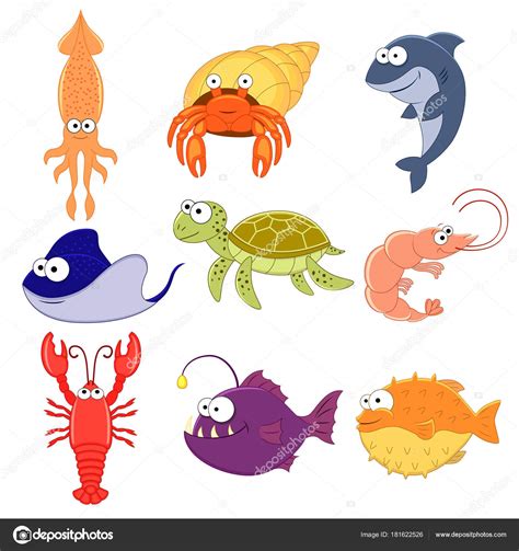 Big Vector Set Of Sea Creatures Cute Cartoon Animals