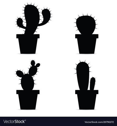 Cactus In Pots Black Silhouette Royalty Free Vector Image