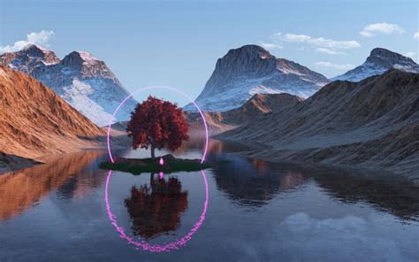 Download Wallpaper 1680x1050 Tree Lake Mountains Ring Neon