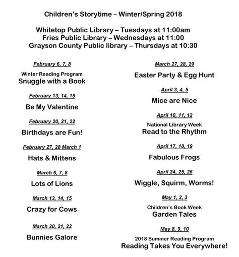 Storytime For All Grayson County Libraries Begin This Week Flip To See The Schedule For Grayson
