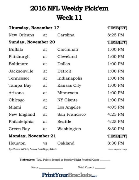 Preseason tallies should be separate from regular season play. Printable Week 11 NFL Schedule Pick Em Sheets | Nfl week ...