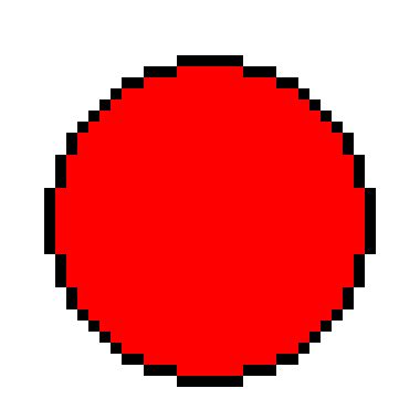 I want to draw a circle (with 1 or 2 for loops) using pixels position (starts from top left and ends at bottom right). red circle | Pixel Art Maker
