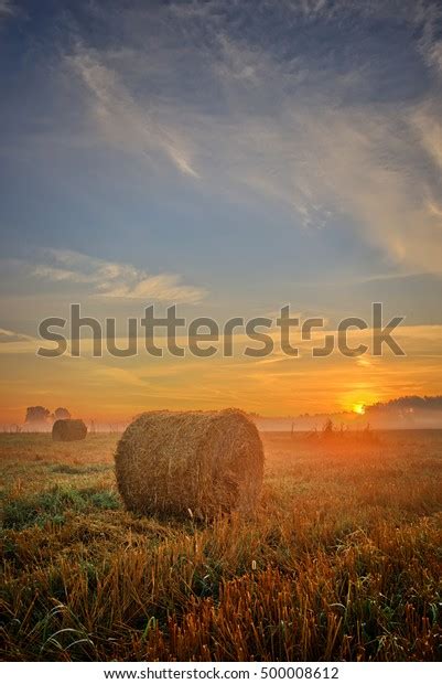 Sunset Over Field Hay Bales Stock Photo Edit Now 500008612
