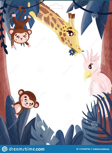 Tropical Jungle, Monkey, Giraffe, Parrot. Frame Stock Illustration - Illustration of locations ...