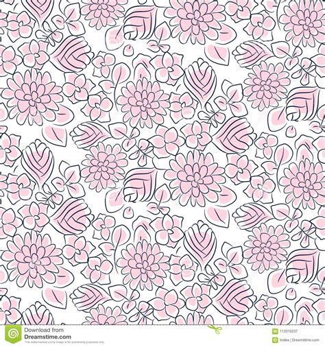 Handdrawn Flower Dense Pink Line Seamless Pattern Stock Vector