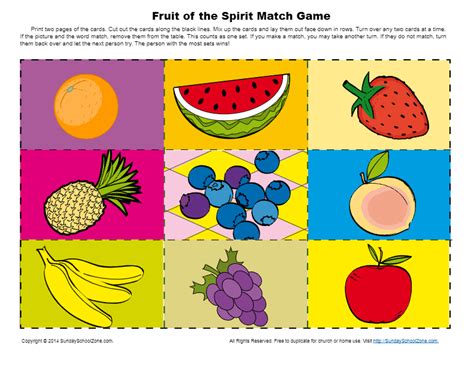 Bible verse memory chart, bible verse cards, bulletin board displays. Fruit of the Spirit for Kids - Printable Match Game Activity
