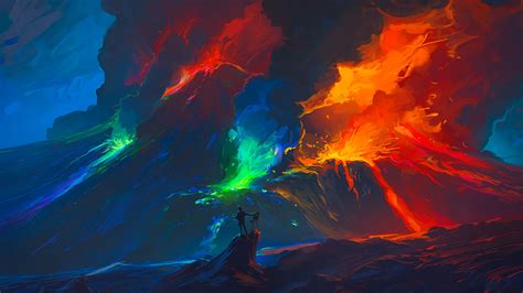 Digital Art Volcano Smoke Lava Painting Colourfull Wallpapers Hd