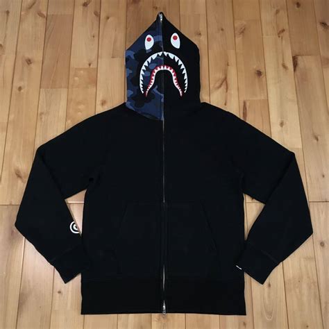 Bape Bape Shark Full Zip Hoodie Black X Blue Camo Grailed