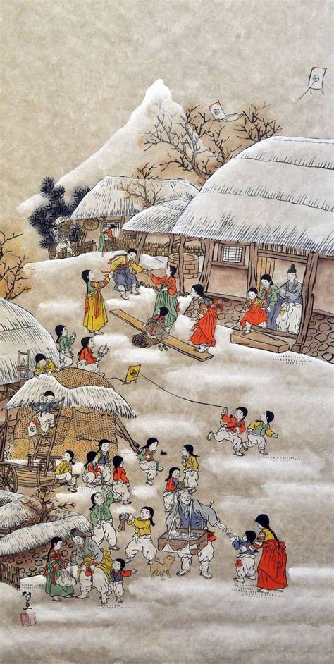 Traditional Korean Winter Folk Village Original Watercolor Painting